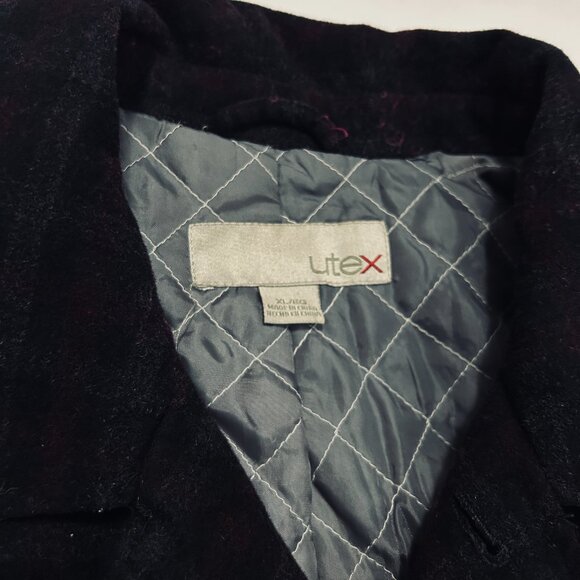 Utex Wool Blend Shirt Jacket Mens XL Burgundy Gray Plaid Quilted Lining Shacket - Picture 4 of 16